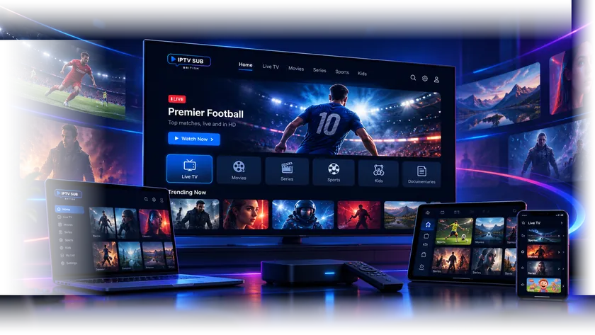 Large smart TV showing a streaming interface with live UK channels, sports and movies