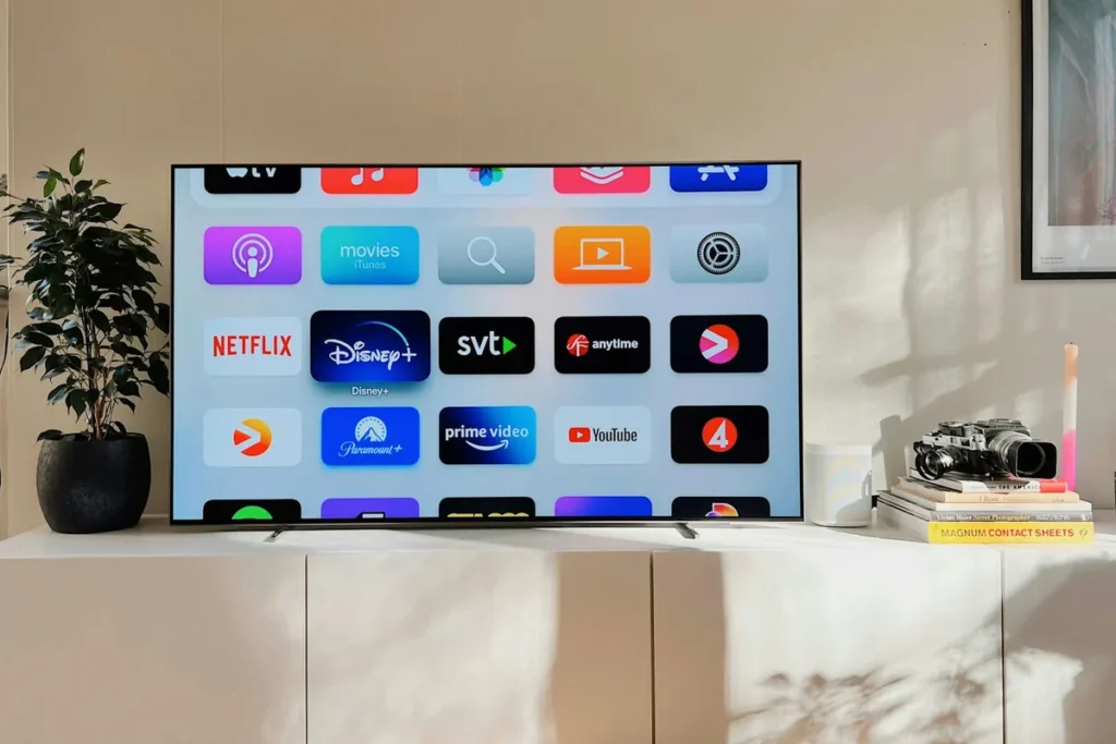 Television on a white unit showing the tvOS home screen of an Apple TV box with a grid of app icons