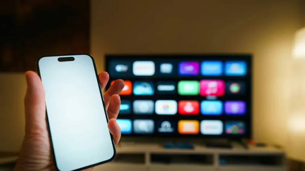 Hand holding a smartphone in front of a smart TV showing an app grid, ready for Chromecast setup in the Google Home app