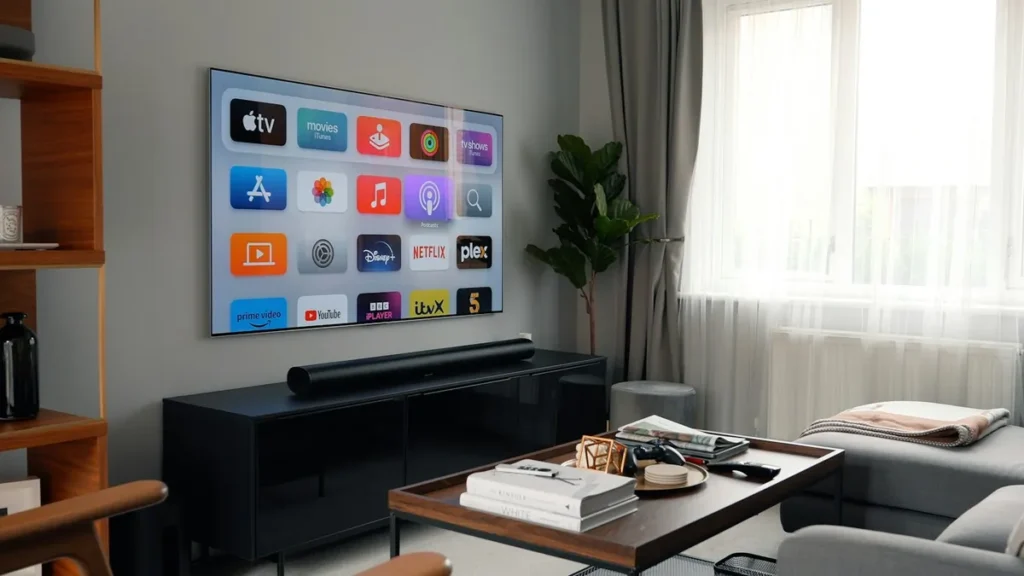 Wall-mounted smart TV showing an app home screen in a modern UK living room, ready for an IPTV player