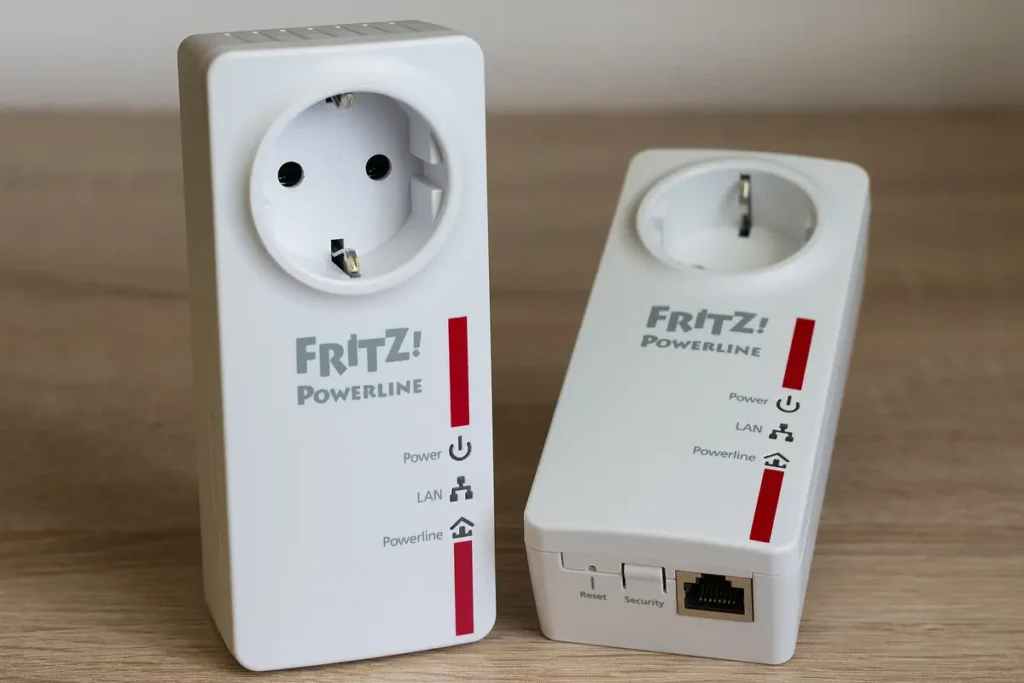 Pair of white powerline network adapters, one showing its Ethernet port